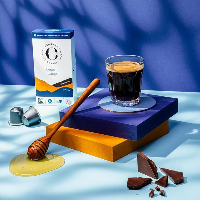 Cru Kafe Lungo Espresso Strong USDA Organic Espresso Coffee Capsules (10 Pods) Fairtrade Coffee Pods Compatible with Nespresso Original Line and Pixie Machines