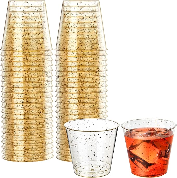 [1000 Pack 1oz Shot Glasses Disposable Cups, Gold Glitter Plastic Shot Glasses for Sauces & Dips, Shot Cups Ideal for Tequila, Whiskey, Wine Tasting, Vodka & Liquor