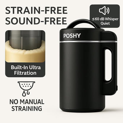Poshy Nut Milk Maker 50 oz (1.5 L) – Ultra Filtration (No Mesh Bags), Self-Clean, Quiet Motor, Texture Control – Almond/Oat/Soy – Stainless Steel, 120V