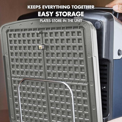 GreenPan Elite 4-Square Belgian & Classic Waffle Maker, Healthy Ceramic Nonstick Aluminum Dishwasher Safe Plate,Adjustable Shade/Crunch Control Wont Overflow Easy Clean,Breakfast,PFAS-Free,Oxford Blue