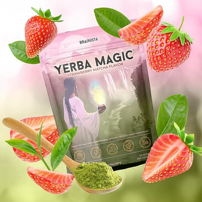 Yerba Magic - Yerba Mate Instant Tea Powder, 3-in-1 Super Drink - Clean Energy, Brain Fog Buster, and Gut Health Powered by Nootropics, Prebiotics and Probiotics | Strawberry Matcha 30 Servings