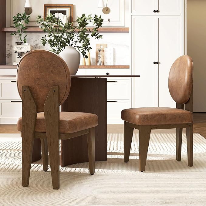 Mid-Century Modern Walnut Dining Chairs Set of 2, Vintage Brown Leather Wooden Kitchen Chairs, Retro Upholstered PU Cushioned Seat with Curved Backrest, Armless Accent Side Chair for Bedroom