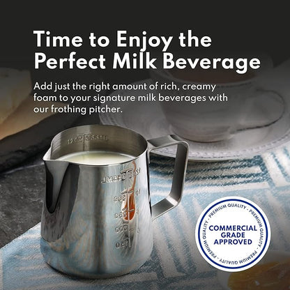 New Star Foodservice 28805 Commercial Grade Stainless Steel 18/8 Frothing Pitcher, 12-Ounce with Measurement Scale