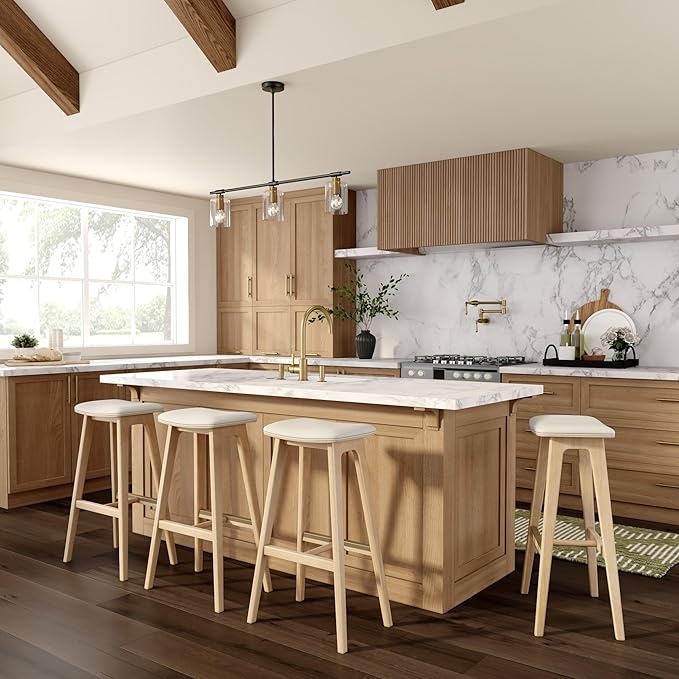 Plank+Beam Beryl Bar Height Stool - Mid-Century Modern Rubberwood Bar Stool with Faux Leather Seat, Metal Footrest, Easy Assembly, Blonde/Sesame