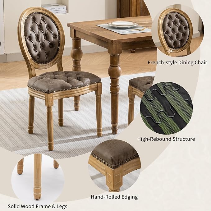 Vintage French Country Dining Chairs Set of 4, PU Leather Dining Chairs with Solid Wood Legs, Brown 4 Dining Chair Set, Sillas para Comedor, Kitchen & Dining Room Chair (Brown, PU, 4Pcs)