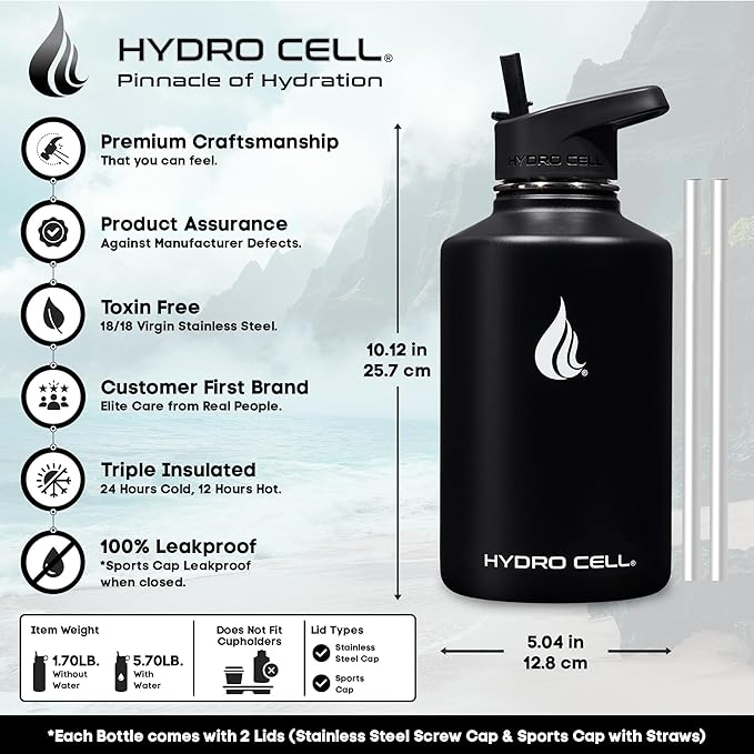HYDRO CELL Stainless Steel Insulated Water Bottle with Straw - For Cold & Hot Drinks - Metal Vacuum Flask with Screw Cap and Modern Leakproof Sport Thermos for Adults (Black 64oz)