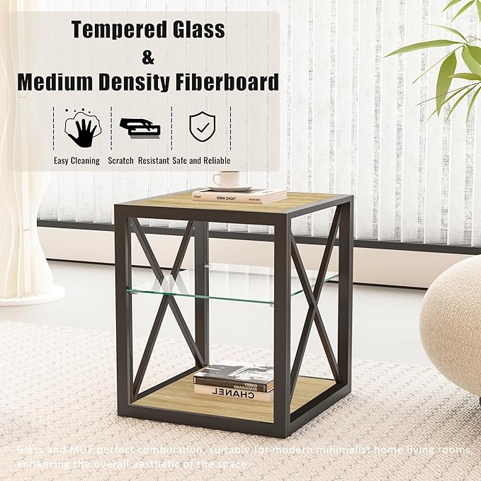 Rustic Coffee Table Set of 3, End Table Mordern Living Room Table Set with Tempered Glass Top Splicing Wood MDF, Black Metal Frame Industrial Style, Natural