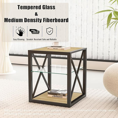 Rustic End Table for Living Room 17.7" Bedroom Nightstand, Modern Tempered Glass Shelf & Wood MDF Top Square Side Table 1 Piece, Industrial Style Natural