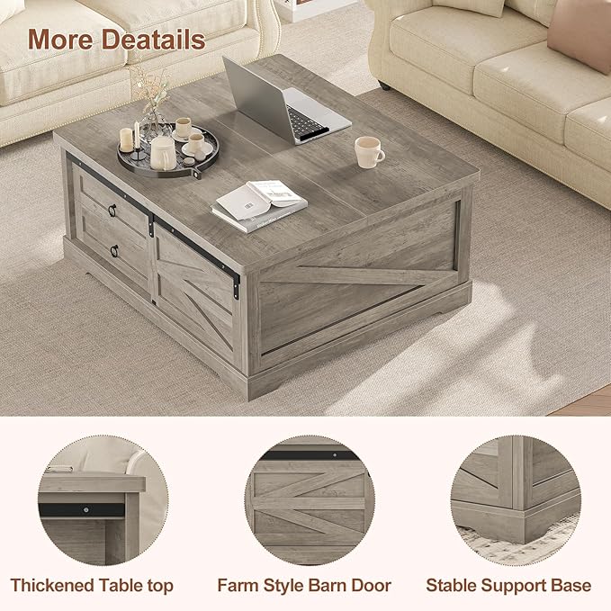Itaar 39.4'' Lift Top Coffee Table with Storage, Farmhouse Coffee Tables for Living Room, Square Coffee Table with Large Hodden Compartment & 2 Drawrs & Adjustables Shelves (Gray)