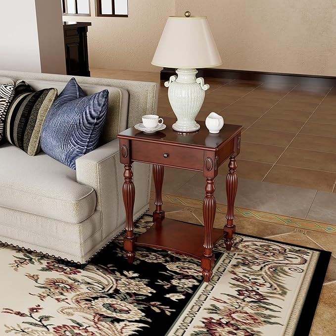 Solid Wood Retangle End Table with Drawer and Storage Shelf, 28"H Traditional Vintage Side Table Polished Edging Sofa Table Bedside Nightstand for Living Room Bedroom Home, Cherry Walnut GBJ-1533-WD