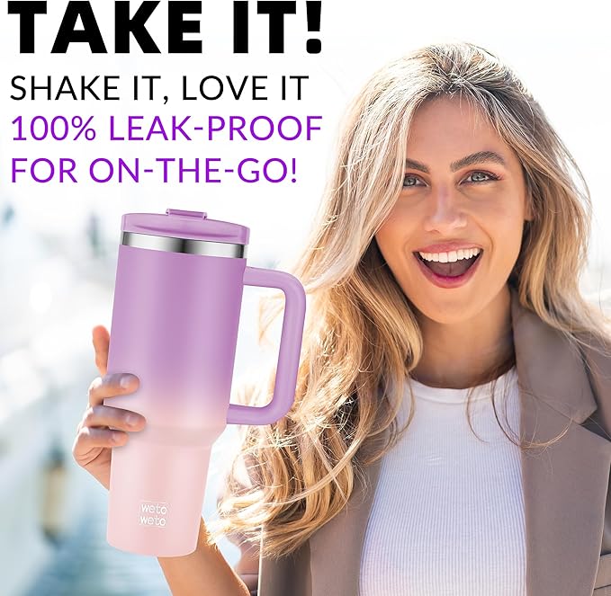 WETOWETO 40oz Tumbler with Handle | Insulated Stainless Steel Travel Mug | 34Hrs Cold & 10Hrs Hot Retention | 100% Leakproof Lid & Straw | Dishwasher Safe + Car Cup Holder Fit (Purple-Pink Gradient)