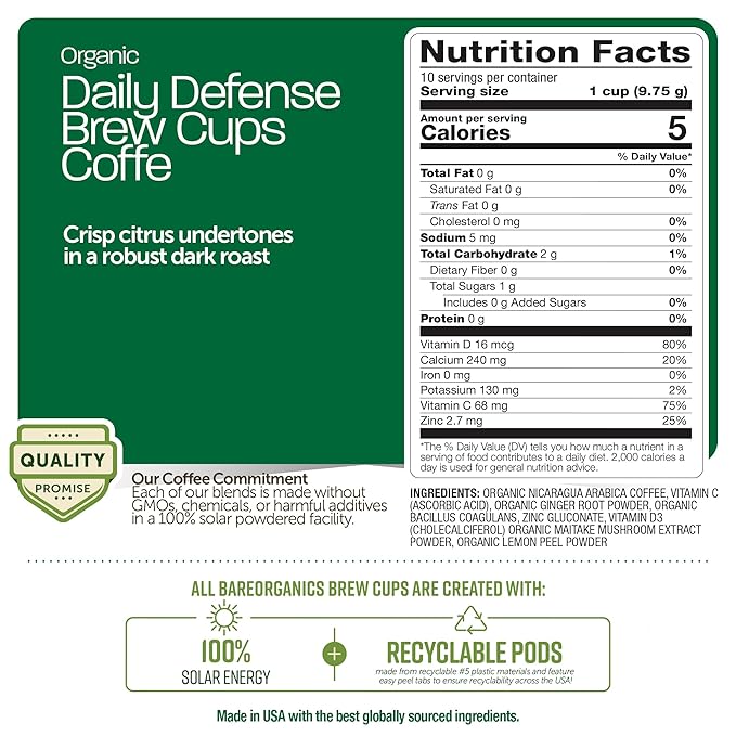 Daily Defense Organic Coffee Pods – Coffee with Maitake, Ginger Root, Lemon Peel & Superfoods – Healthy Mold Free Probiotic beverage, Vegan, Gluten Free - 10 Recyclable Single Serve K-Cups