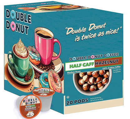 Double Donut Coffee Hazelnut Half Caff Coffee Pods, Single Serve Flavored Half Caffeine Coffee Pods For Keurig K Cup Brewers, Medium Roast, 20 Count (Pack of 2)
