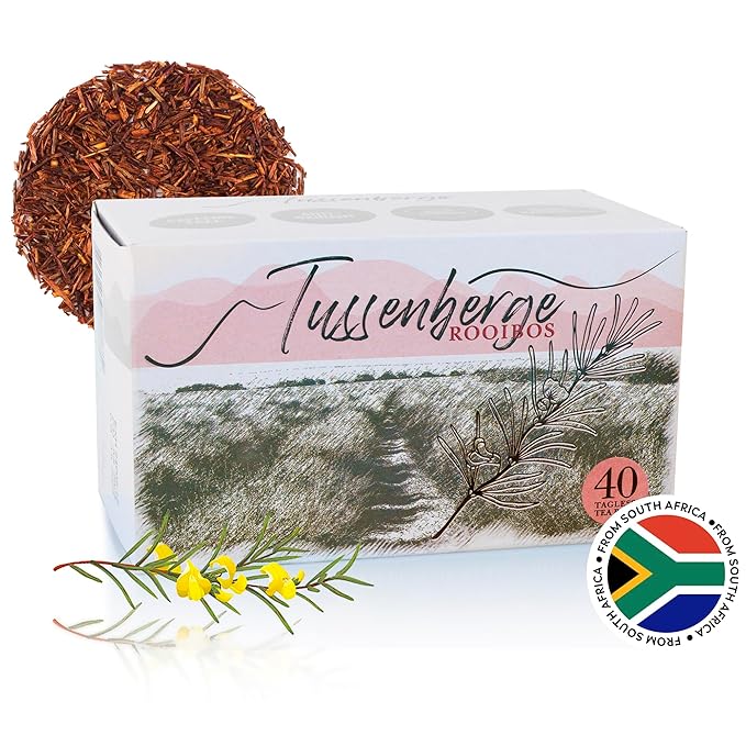 Tussenberge Organic Rooibos Tea Bags – Premium South African Red Bush Herbal Tea, Smooth & Full-Bodied Flavor, Naturally Caffeine-Free, 40 Tagless Tea Bags