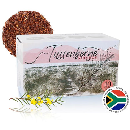 Tussenberge Organic Rooibos Tea Bags – Premium South African Red Bush Herbal Tea, Smooth & Full-Bodied Flavor, Naturally Caffeine-Free, 40 Tagless Tea Bags