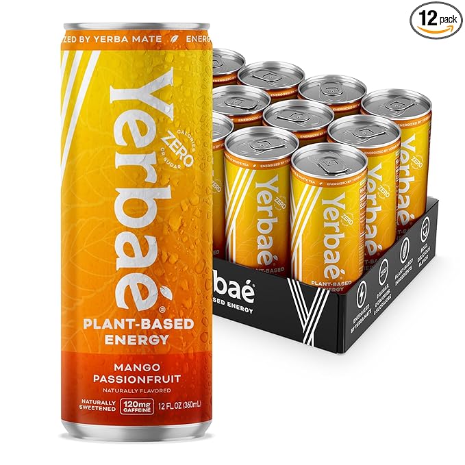 Yerbaé Energy Beverage, Mango Passion Fruit, 120mg Caffeine. No Sugar/Calories/Carbs, Energized by Yerba Mate, Plant-Based, Healthy Alternative to Sugary Drinks, Pack of 12, 12oz cans