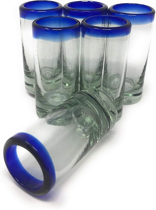 Hand Blown Mexican Tequila Shot Glasses – Set of 6 Cobalt Blue Rim Tequila Shot Glasses (2 oz each)