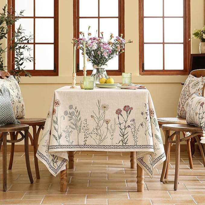 Designer Off White Linen Extra Long Rectangle Tablecloth,Floral Elegant Table Cloth,Stain Resistant Vintage Decor Tablecloths for Dining Thanksgiving Kitchen Party,67"*118"-Serenity G