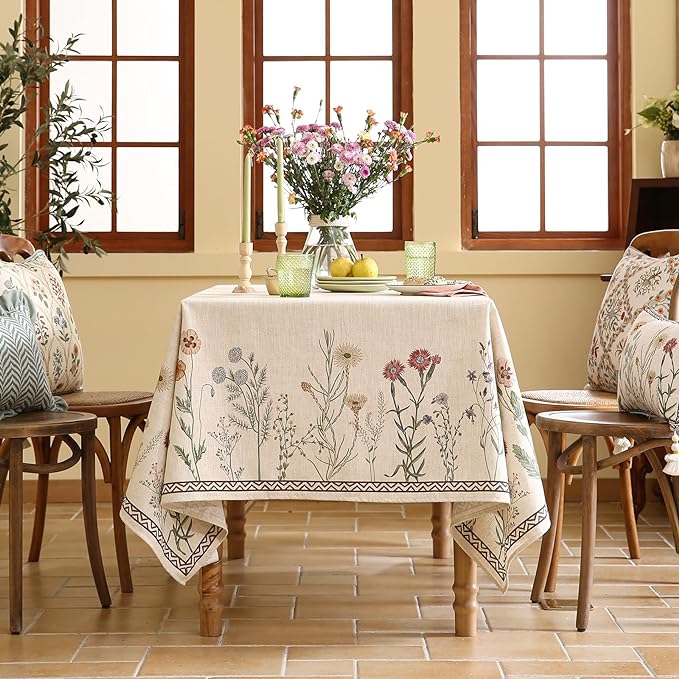Designer Off White Linen Long Rectangle Tablecloth,Floral Elegant Table Cloth,Stain Resistant Vintage Decor Tablecloths for Dining Thanksgiving Kitchen Christmas,63"*102"-Serenity G