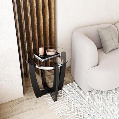Round Glass End Table, 26" D Solid Wood Side Table with Tempered Glass Tabletop, Modern Glass Sofa Side Table with Black Cross Base for Living Room Home Office,CJZ1331