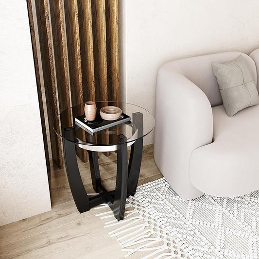 Round Glass End Table, 26" D Solid Wood Side Table with Tempered Glass Tabletop, Modern Glass Sofa Side Table with Black Cross Base for Living Room Home Office,CJZ1331