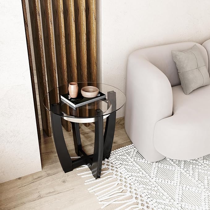 Round Glass End Table, 26" D Solid Wood Side Table with Tempered Glass Tabletop, Modern Glass Sofa Side Table with Black Cross Base for Living Room Home Office,CJZ1331