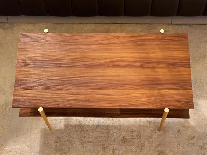 Shrine Rectangle Coffee Table, Mid-Century Modern Design, Two-Tier Walnut MDF Table, 41" D x 21" W x 17" H, Sleek Conical Metal Legs with Gold Finish