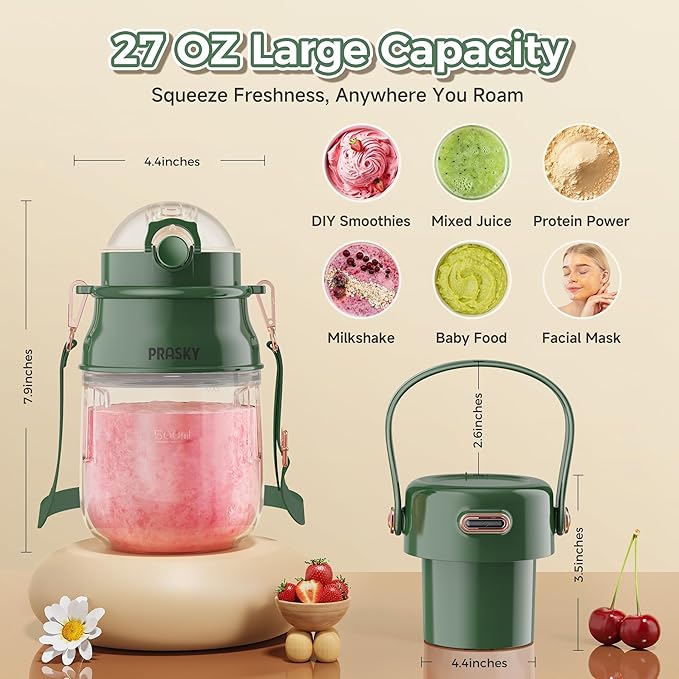 Portable Blender, Prasky Personal Blenders for Shakes and Smoothies with 27oz Cup, Lid and Shoulder Strap, Type-C USB Rechargeable, Personal Size Blenders BPA-free for Gym/Travel/Kitchen (green)