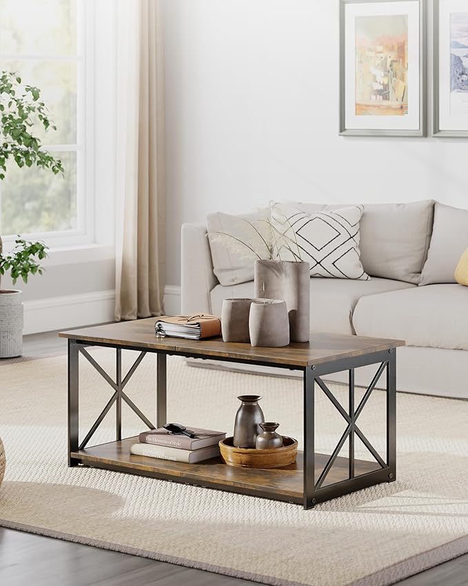 Rectangle Coffee Table for Living Room, Wood Rustic Coffee Table with 2 Tier and Metal Frame, Industrial Modern Center Table, Rustic Brown