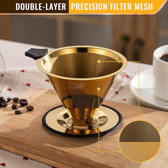 Pour Over Coffee Dripper INSINTAR Stainless Steel ReusablePour Over Drip Coffee Filter Paperless Coffee Strainer Single Cup Coffee Maker 1-4 Cup (Titanium Gold)