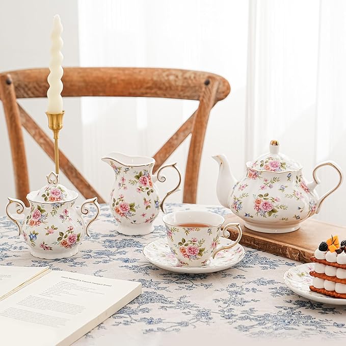 Flower Ceramic Teapot,22oz Porcelain Tea pot for Tea Coffee Milk for Office Home Men Women as Gift(White and small flowers)