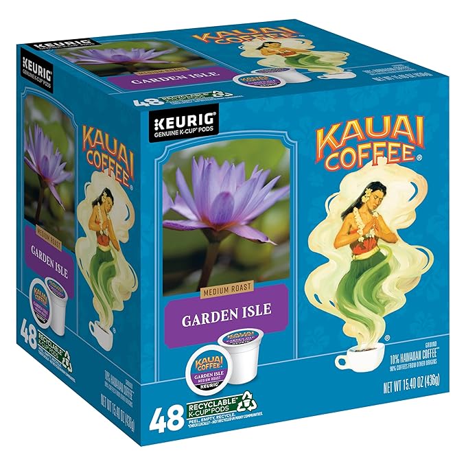 Kauai Coffee K-Cup Pods for Keurig Brewers – Arabica Coffee, 10% Hawaiian – Medium Roast, Bright Aroma With Light Floral Notes – Garden Isle, 1 Pack of 48 Single Serve K-Cups