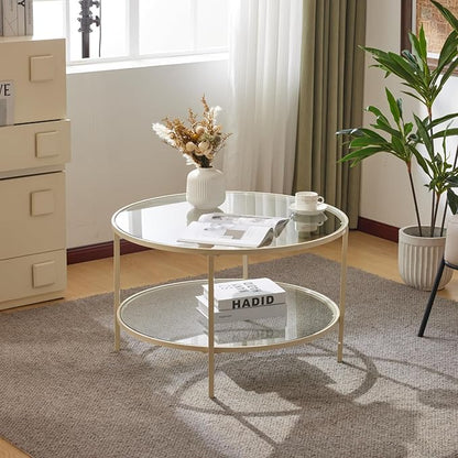 VINGLI Glass Coffee Table, 30" Round Coffee Table, Transparent Glass Coffee Tables for Living Room, 2-Tier Coffee Table with Storage, Modern Center Table with a Beige Frame, Mesa de Centro para Sala