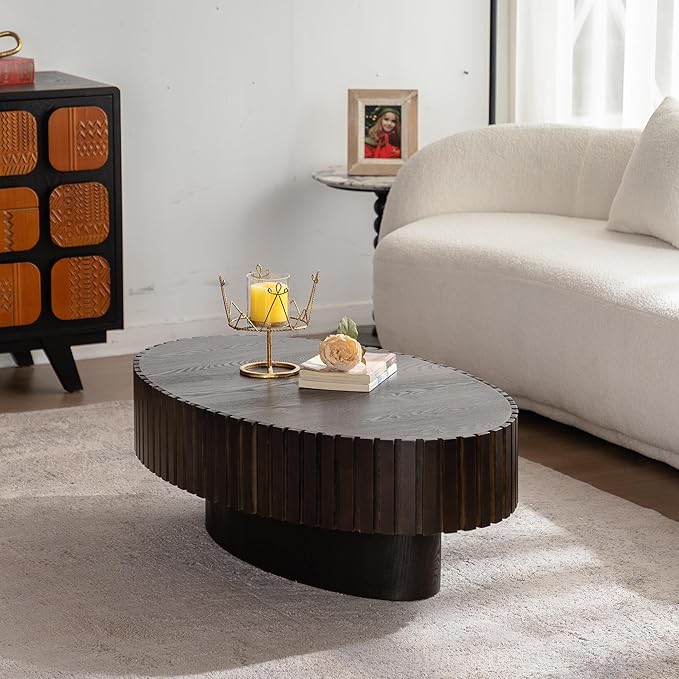 43.31" Oval Drum Coffee Table, Modern Handcraft Fluted Drum Center Table, Wooden Oval Coffee Table Center Table with Sturdy Pedestal for Living Room Apartment (Walnut+Black)