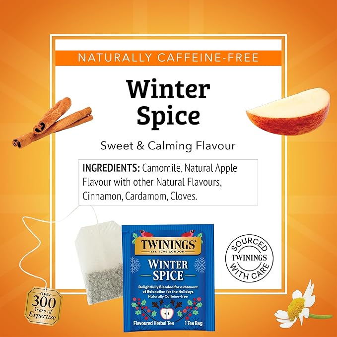 Twinings Winter Spice Herbal Tea Individually Wrapped, 20 Count (Pack of 6), Includes Camomile, Apple, Cinnamon, & Clove, Naturally Caffeine-Free, Enjoy Hot or Iced