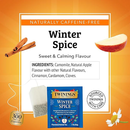 Twinings Winter Spice Herbal Tea Individually Wrapped, 20 Count (Pack of 6), Includes Camomile, Apple, Cinnamon, & Clove, Naturally Caffeine-Free, Enjoy Hot or Iced