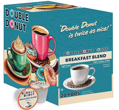Double Donut Coffee Breakfast Blend Fresh Medium Roast Coffee SingleServe Pods for Keurig K Cup Brewer Machines 20 Capsules per Box (Pack of 2)
