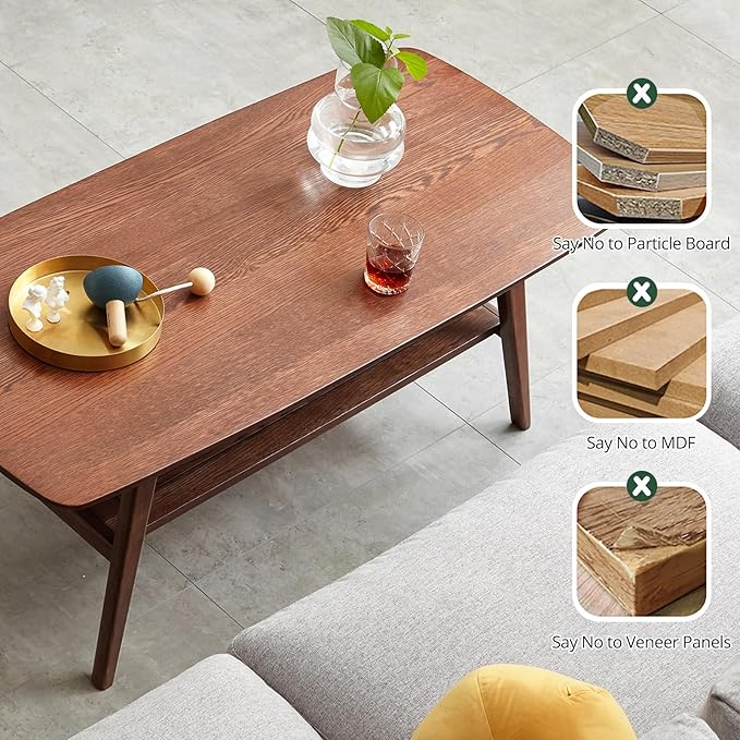 2-Tier Solid Oak Wood Coffee Table - Practical Center Table with Double Storage for Small Apartments, Living Rooms, Bedrooms, and Offices (Walnut, 39.37" D x 19.69" W x 17.32" H)