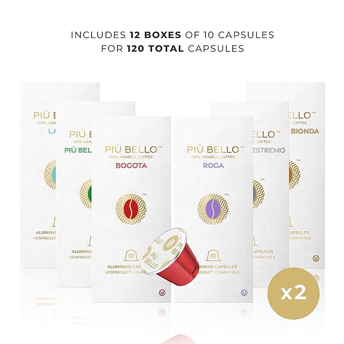 Piu Bello Espresso Coffee Pods – Variety Pack for Nespresso Original Machines – Light Roast, Dark Roast, Chocolate, Nutty, Caramel – Kosher, Rich & Balanced (120 Count, 6 Flavors)