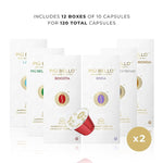 Load image into Gallery viewer, Piu Bello Espresso Coffee Pods – Variety Pack for Nespresso Original Machines – Light Roast, Dark Roast, Chocolate, Nutty, Caramel – Kosher, Rich &amp; Balanced (120 Count, 6 Flavors)