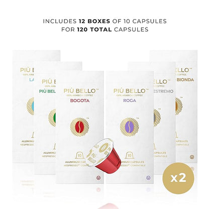 Piu Bello Espresso Coffee Pods – Variety Pack for Nespresso Original Machines – Light Roast, Dark Roast, Chocolate, Nutty, Caramel – Kosher, Rich & Balanced (120 Count, 6 Flavors)