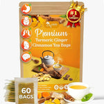 Load image into Gallery viewer, 60 Bags Premium Turmeric Ginger Cinnamon Tea, Improve Digestion, Support Brain, Weight, Skin and Sleep, Eco-Conscious Tea Bags and Premium Natural Ingredients. Turmeric Ginger Herbal Tea. No Sugar, No Caffeine, No Gluten, Vegan.