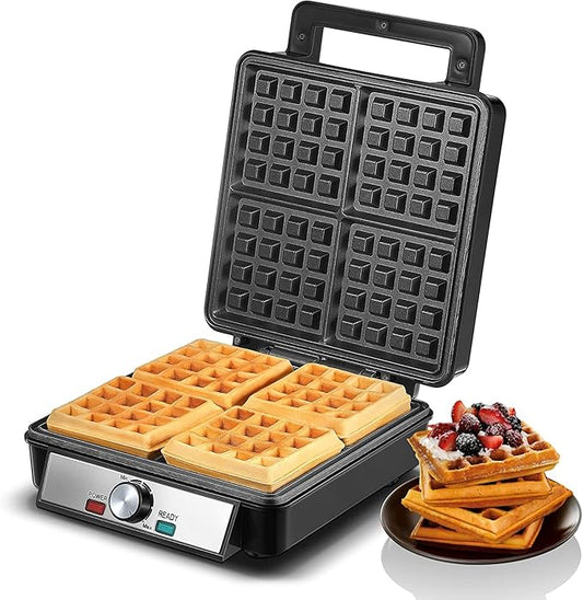 1200W Belgian Waffle Maker 4-Slice, Stainless Steel, 5 Browning Levels, Non-Stick Surfaces, Silver/Black, FOHERE - Perfect for Family Breakfasts (Black)