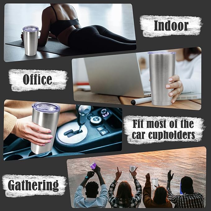 20 oz Tumbler Coffee Tavel Tumblers Bulk with Lid Stainless Steel Double Wall Vacuum Insulated Mug Powder Coated Cups fit Car Cupholder for Hot and Cold - Stainless Steel, 8Pack