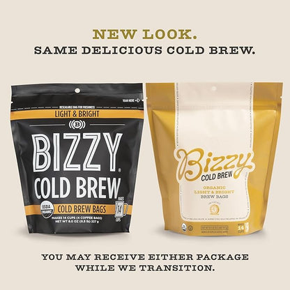 Bizzy Organic Cold Brew Coffee | Light & Bright Blend | Coarse Ground Coffee | Light Roast | Micro Sifted | Specialty Grade | 100% Arabica | Brew Bags | 4 Count | Makes 14 Cups (Pack of 2)