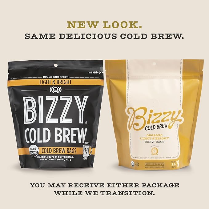 Bizzy Organic Cold Brew Coffee | Light & Bright Blend | Coarse Ground Coffee | Light Roast | Micro Sifted | Specialty Grade | 100% Arabica | Brew Bags | 4 Count | Makes 14 Cups (Pack of 2)