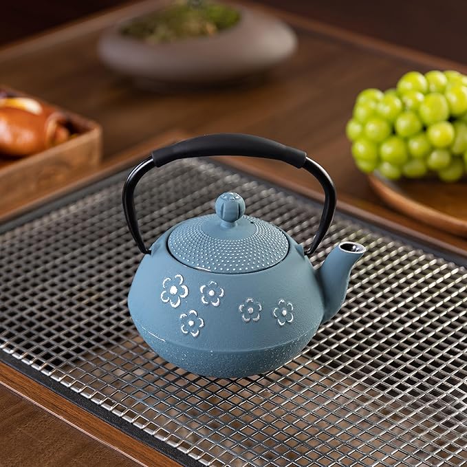 Cast iron Teapot, Tea Kettle for Stovetop Safe with Stainless Steel Infuser, Japanese Hand-made Plum Blossom Design Tea Pot Coated with Enameled Interior for 28oz, 800ml Blue