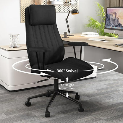 Plus Size Leather Desk Chair, Vintage Executive Office Chair with Wheels and Arms, Height Adjustable Mid Century Desk Chair (Black)