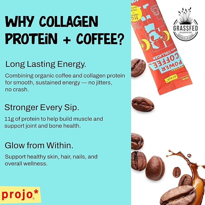 Projo* Power Coffee – Instant Coffee with 11g Protein – Grass-Fed Hydrolyzed Bovine Collagen & 175mg Caffeine – Cinnamon Latte Flavor – Organic – Energy Support – 12 Single-Serve Packets