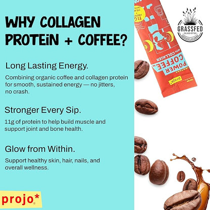 Projo* Power Coffee – Instant Coffee with 11g Protein – Grass-Fed Hydrolyzed Bovine Collagen & 175mg Caffeine – Cinnamon Latte Flavor – Organic – Energy Support – 12 Single-Serve Packets
